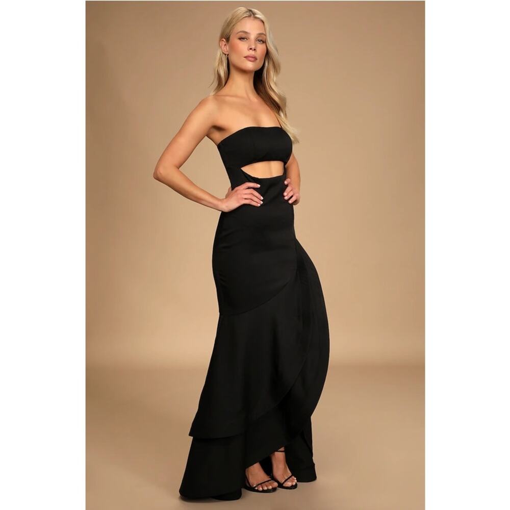 Lulus Dress Women M Fabulous Festivities Black Strapless Ruffled Cutout NEW - Picture 2 of 15